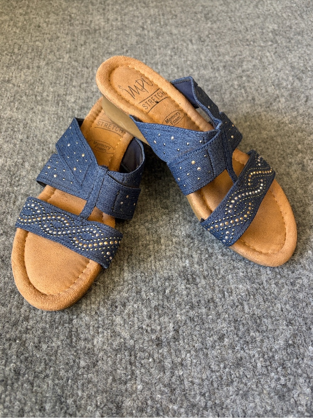 Impo Slide Sandals Womens 6.5 Navy Blue Studded Denim Glen Wedge Stretch Straps